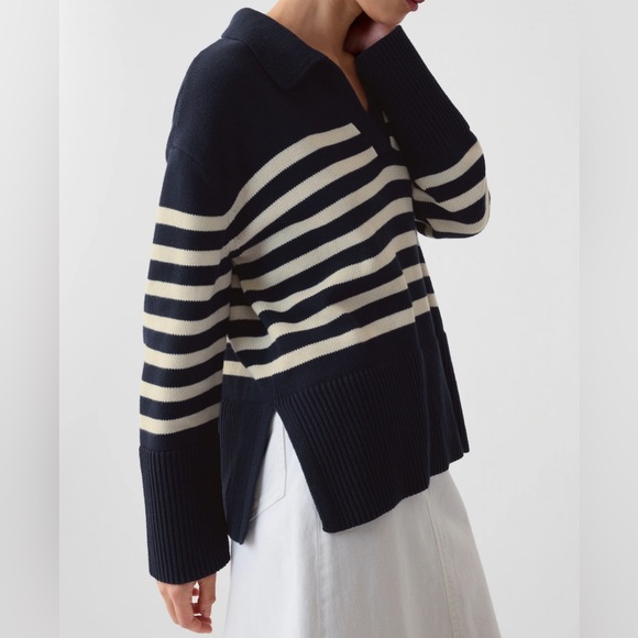 GAP 24/7 Split-Hem Polo Sweater navy white stripe - Picture 4 of 14